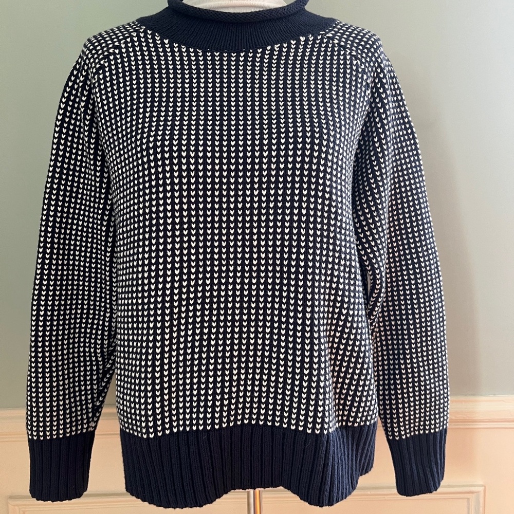 L.L.Bean Signature Original Cotton Sweater, Rollneck, Large Reg, Navy Birdseye